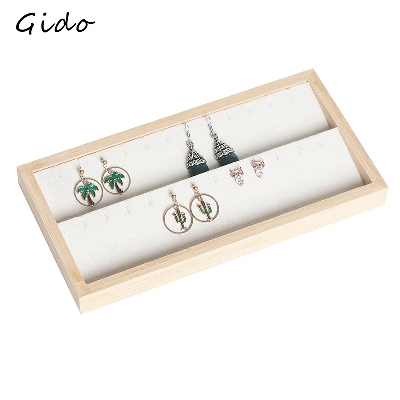 

Beige Velvet Bamboo Jewelry Earrings Display Holder Rack Display Stand Tray Ear Stud Organizer Display Storage Tray for Drawer