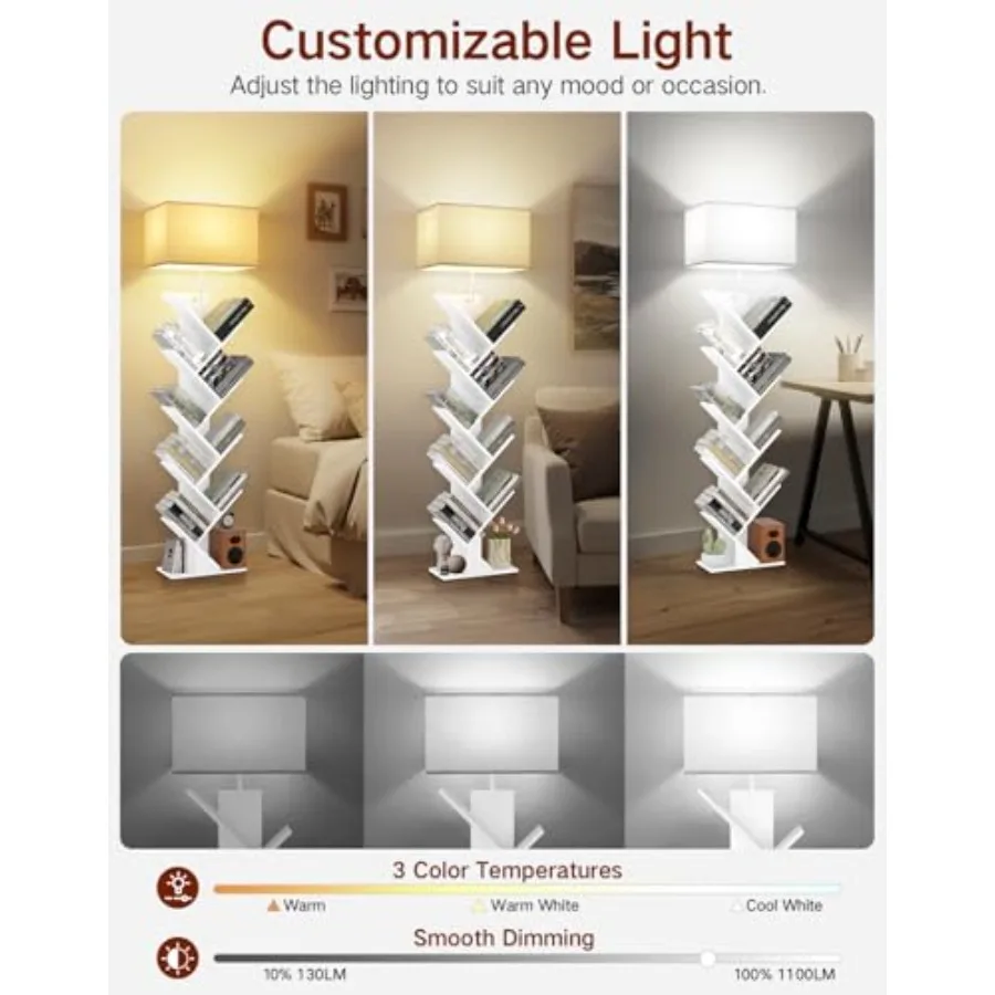 Tree Bookshelf with Light Remote and Timer Dimmable Tall Floor Book Shelf Narrow Wood Bookcase Small Book Organizer Shelves for