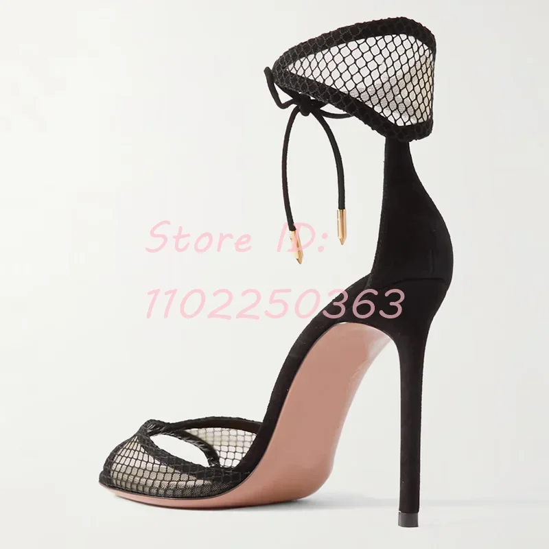 Solid Mesh Ankle Ties Stiletto Sandals Suede Round Toe Metal Decor Lace-up Thin Cover Heels Sandals 2024 Lady Elegant Shoes