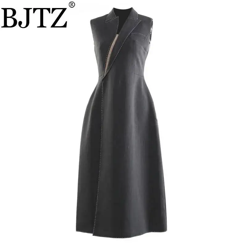 

BJTZ Spring Summer New Sleeveless Mid-length Blazer Coat Dresses For Women 2025 A-line Waist Temperament Fashion Female Dress