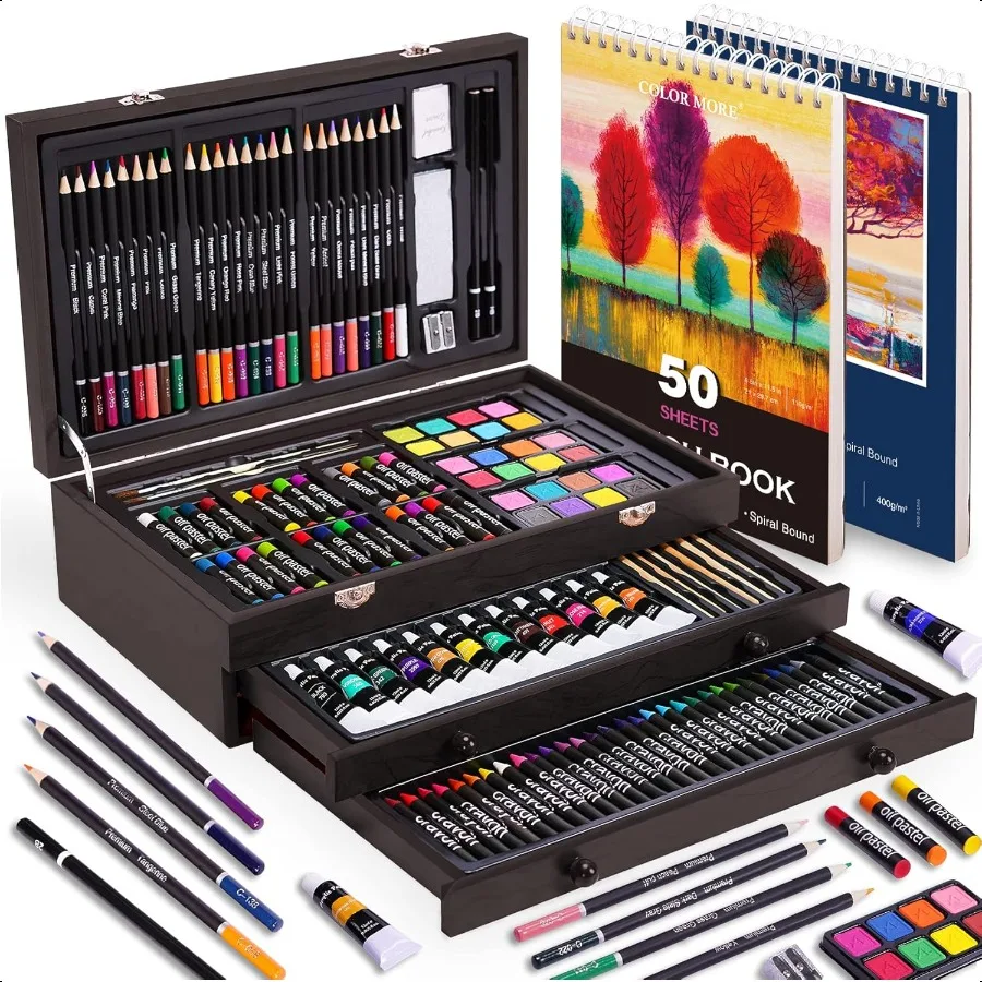 

175 Piece Deluxe Art Set with 2 Drawing Pads Acrylic Paints Crayons Colored Pencils Paint Set in Wooden Case Profional Art Kit