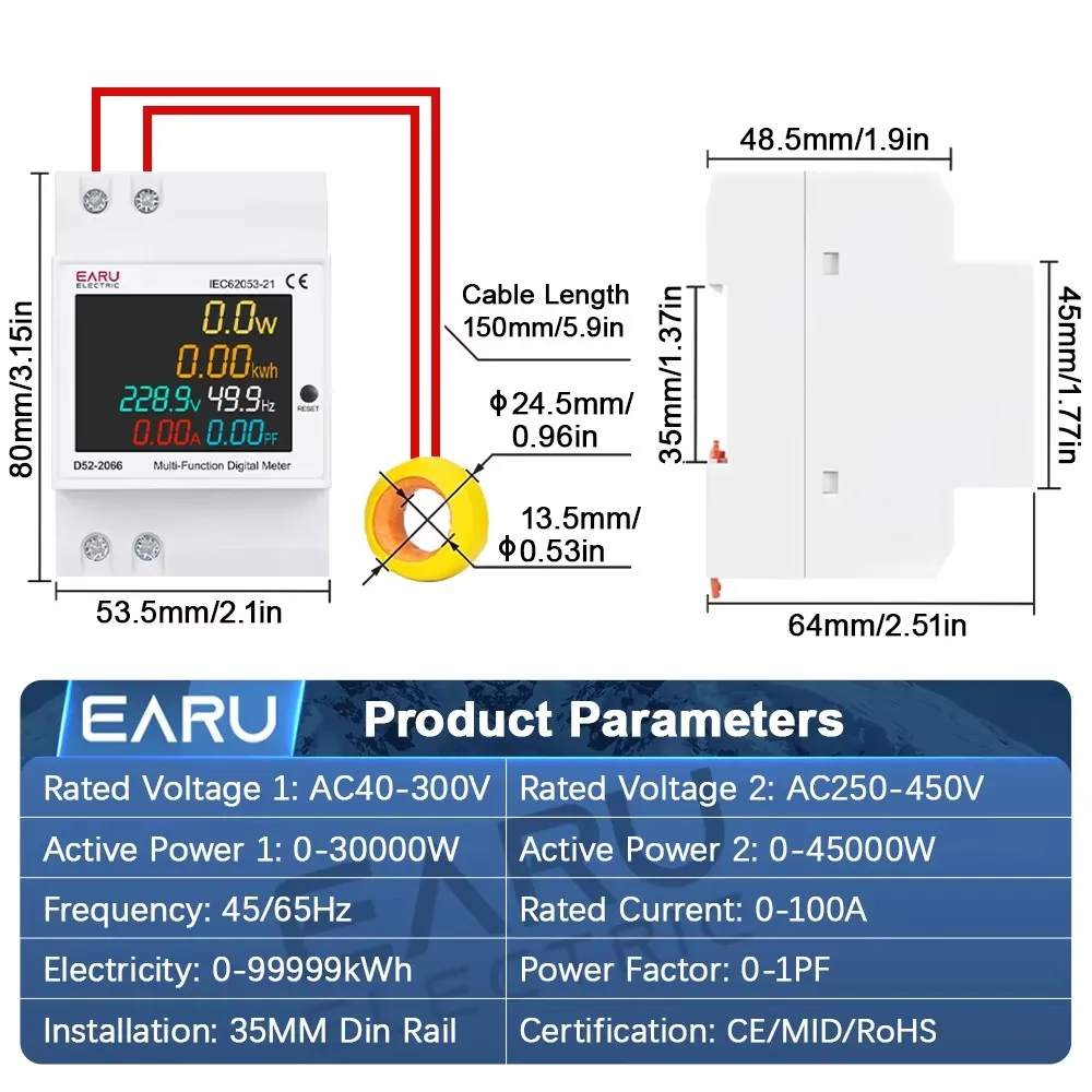 EARU 6IN1 Din Rail AC Monitor 110V 220V 380V 100A Voltage Current Power Factor Active KWh Electric Energy Frequency Meter VOLT