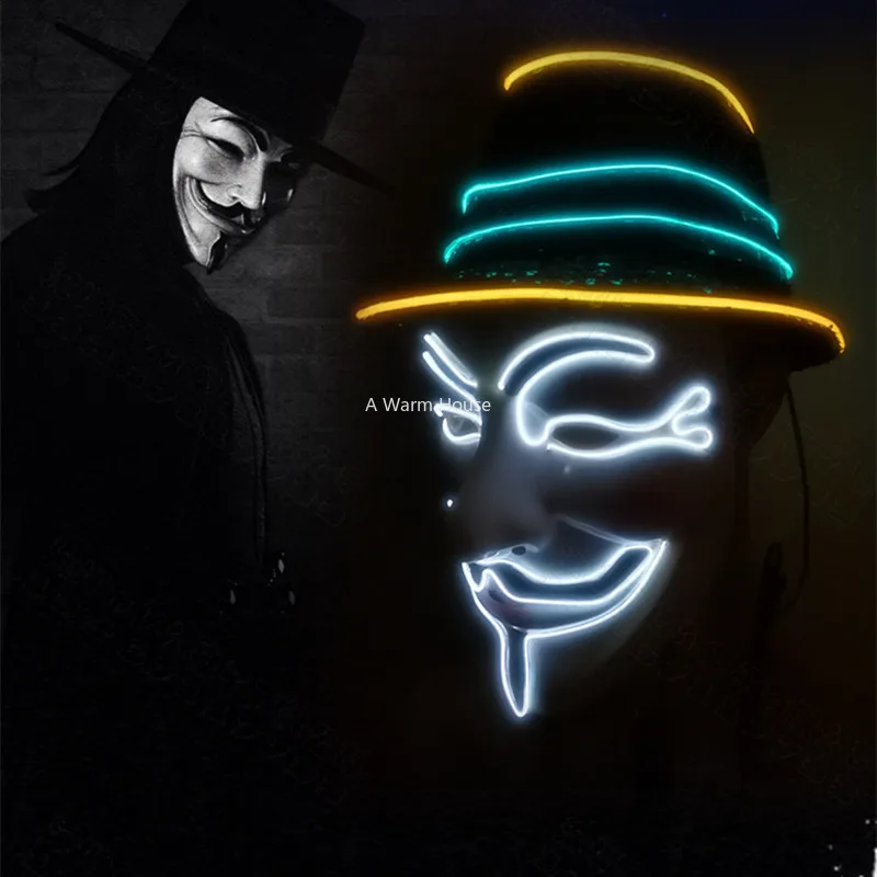 Neon Mask V for Vendetta Mascara Led Guy Fawkes Masque Masquerade Masks Party Mascara Halloween Glowing Masker Light Maska Scary