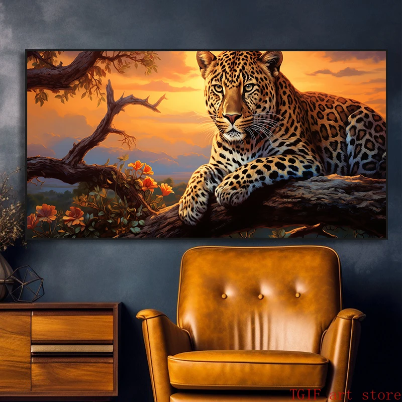 Large-sized frameless canvas paintings,Beautiful Panther Leopard on The Tree Canvas Painting Print, Wild Animals Poster Wall Art