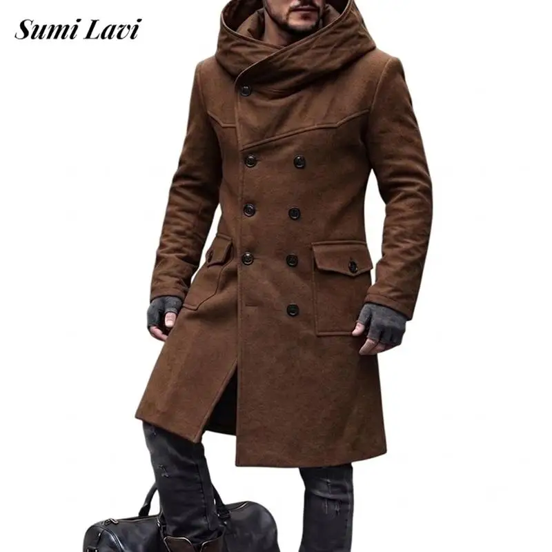 Vintage Woolen Outerwear Mens Fall Outdoor Solid Color Hooded Jackets Men Daily Casual Double-breasted Long Sleeve Maxi Coats