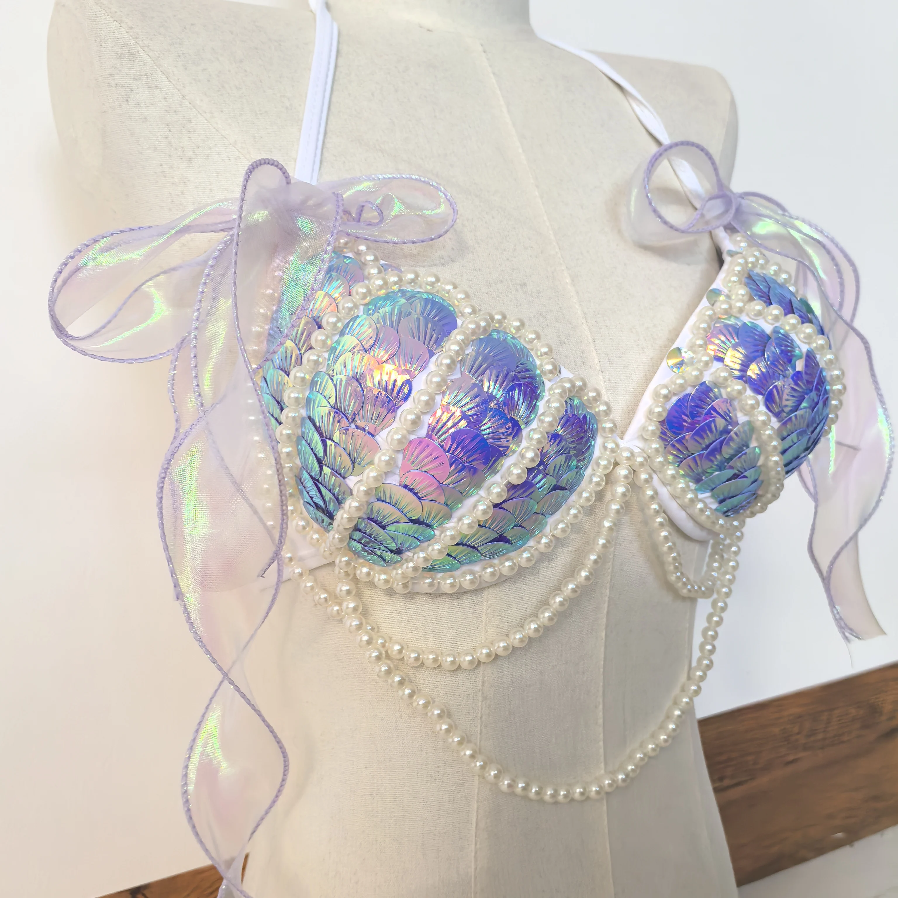 RM Thailand Small Breasts Solid Color Gathering Women Bikini Spa Swimsuit Sequins Triangle Tie Vacation Mermaid