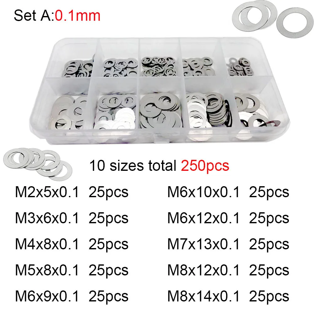 250Pcs M2 M3 M4 M5 M6 M7 M8 304 Stainless Steel Ultra Thin Flat Washer Adjusting Shim Plain Gasket Assortment Kit Set Box DIN988