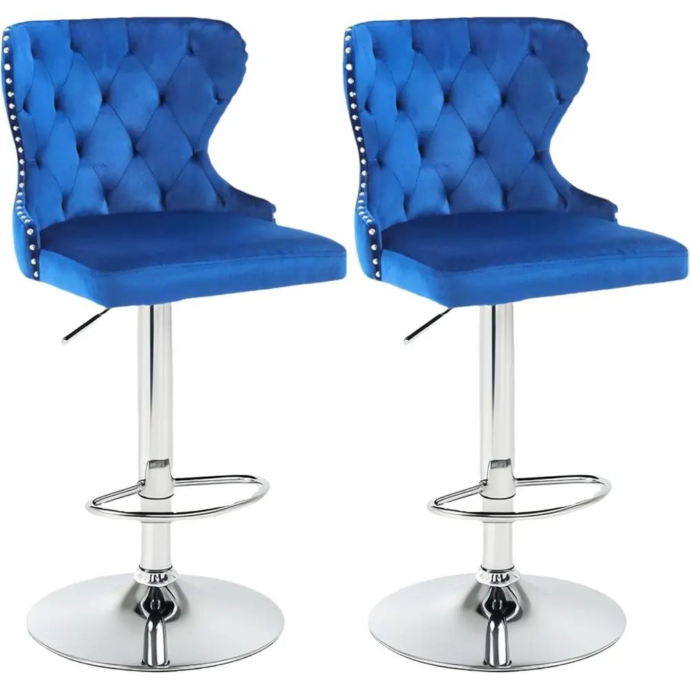 

Pair of Blue Swivel Bar Stools with Upholstered Seats, Nailhead Trim, High Backs, Suitable for Kitchen Islands, Home Bars, Dinin