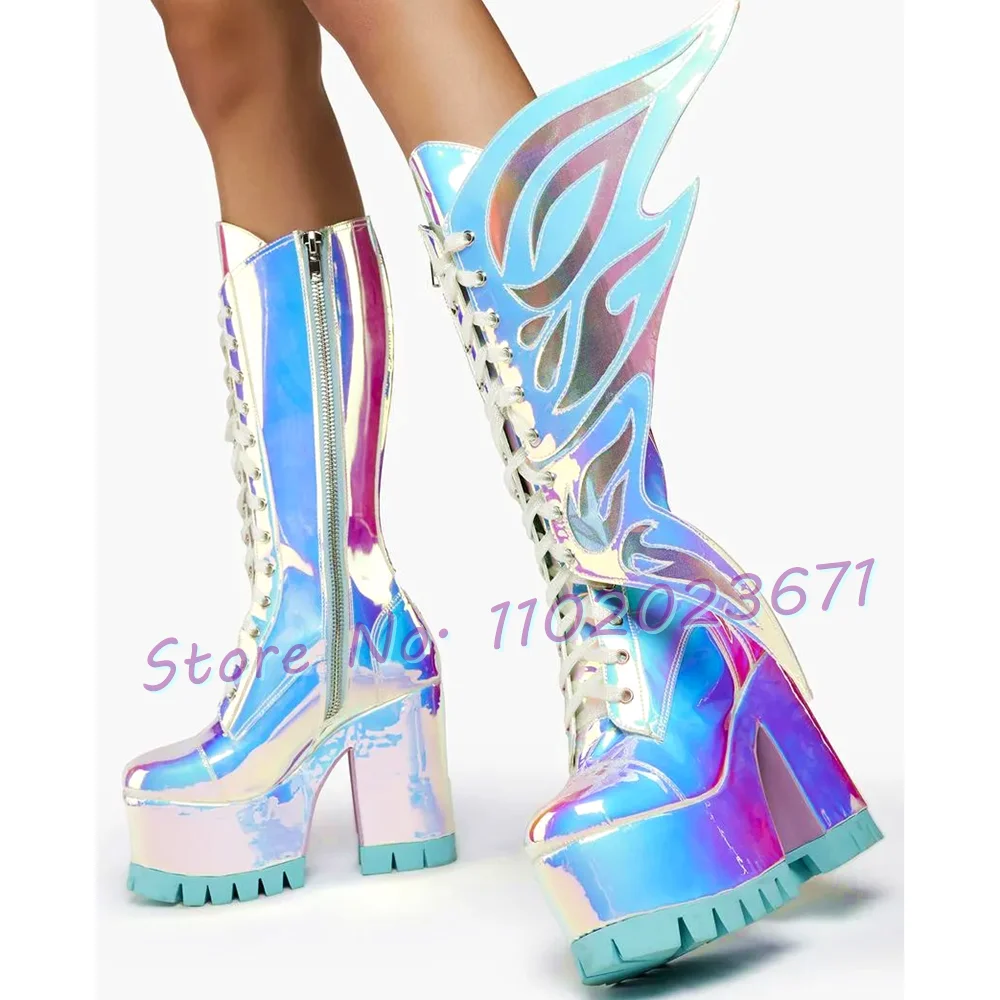 Sparkly Wings Platform High Boots Women New In Gorgeous High Block Heels Shoes Women Symphony Silver Stage Party Knee High Boots