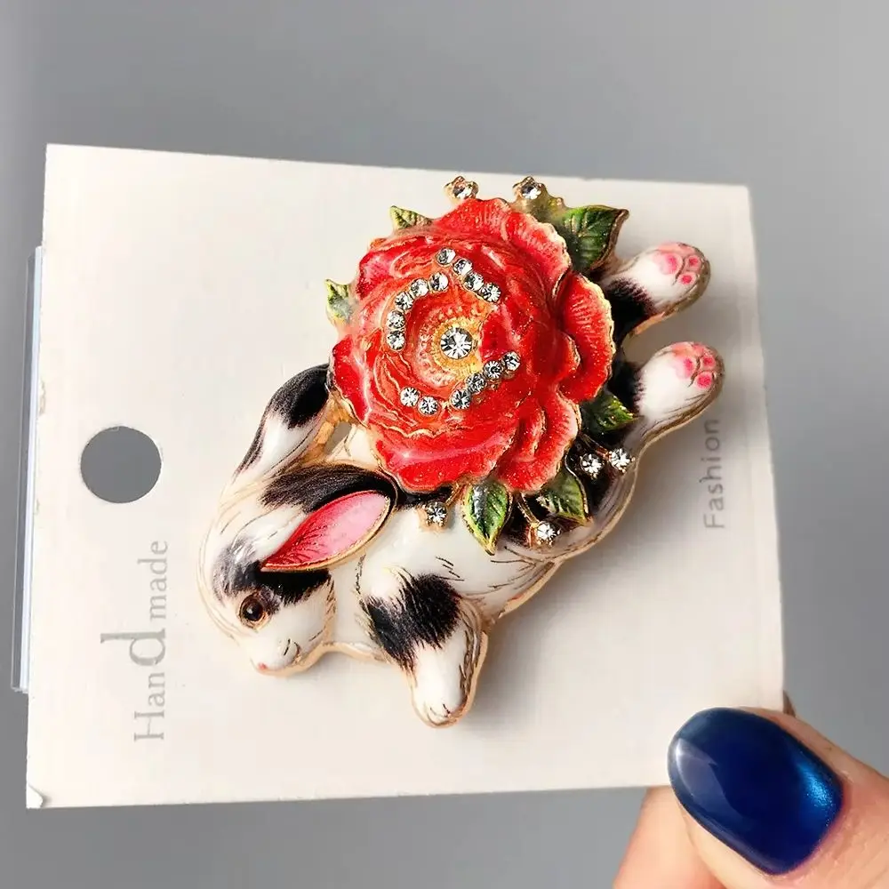 Peony Flower Rabbit Brooches Pins Enamel 4 Color Running Rare Bunny Animal Brooch For Women Men Fashion Jewelry Gifts
