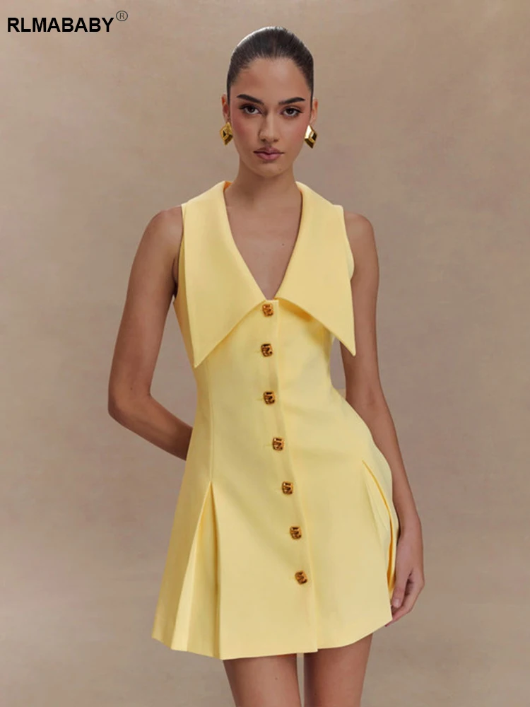 RLMABABY เซ็กซี่ Turn-Down คอ A-Line มินิชุดผู้หญิง Elegant Single-Breasted ปุ่มสั้น Slim ชุด