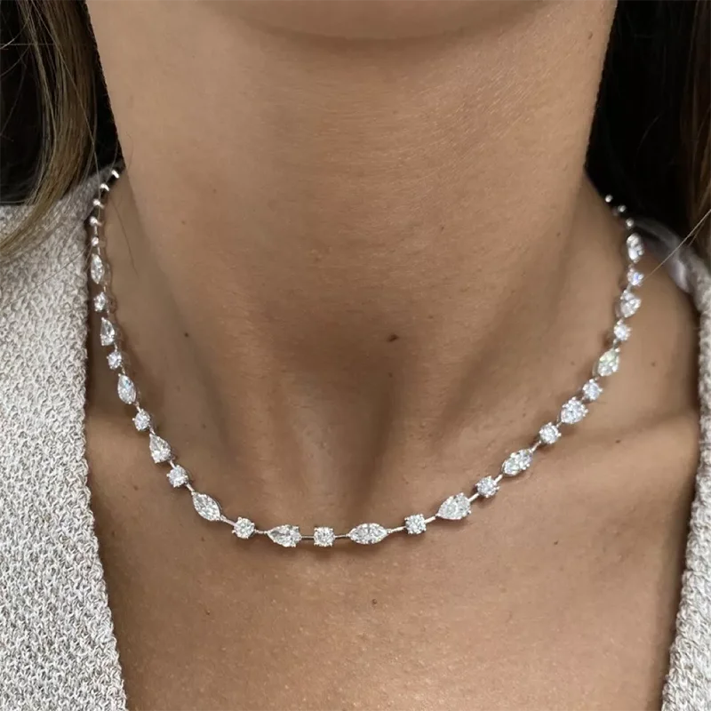 8.7CTW Pear Round Marquise Cut HPHT Lab‑Grown Diamond Tennis Necklace DEF Color VS‑VVS Clarity Solid 14K Yellow Gold Half‑Diamond Fine Wedding Bridal Jewelry Gift For Women