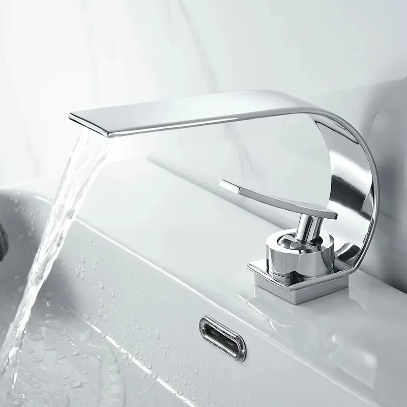 Modern Waterfall Bathroom Faucet,C Shape Moon Curve Cold Hot Water Mixer Tap for Under Counter Washbasin,Home Sink Faucet
