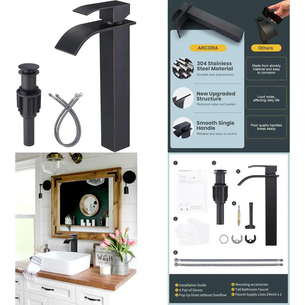 

Single Hole Oil Rubbed Bronze Bathroom Faucet with Tall Spout, Single Lever Control, Pop-Up Drain, and cUPC Lines