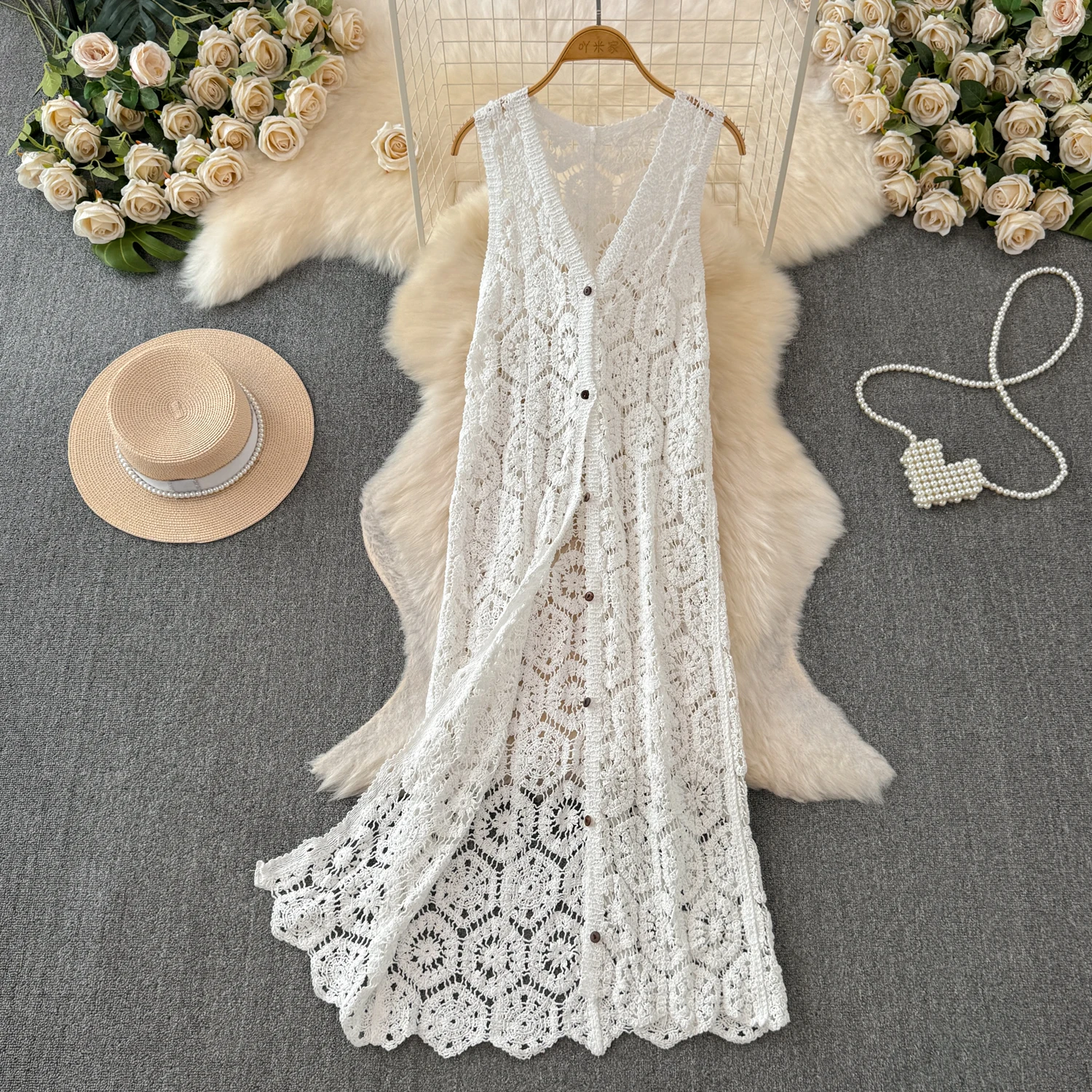 Sunscreen Hook Flower Vintage Layered Jacket Hollowed Out Knitted A-line Long Cacket for Women\'s 2024 Summer New Sleeveless