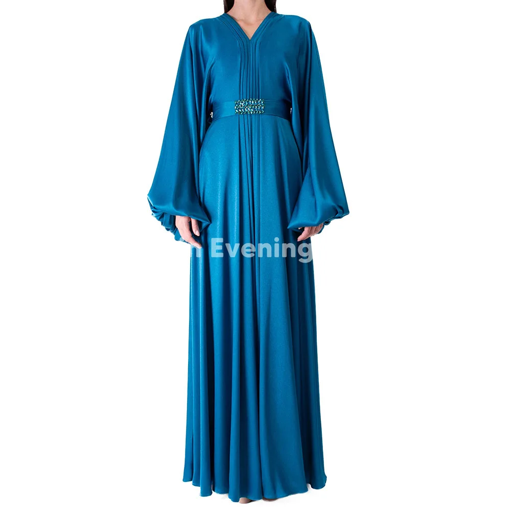

Simin Women's Customized V-Neck Beaded Satin Pleats Saudi Evening Dresses With Long Sleeves Floor-Length Elegant Dresses 2025
