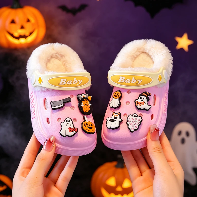 Niedliche Halloween-Geister-Kürbis-Dekoration, gefütterte Clogs für Kleinkinder, warme, rutschfeste Hausschuhe für Jungen und Mädchen. – Detail 11