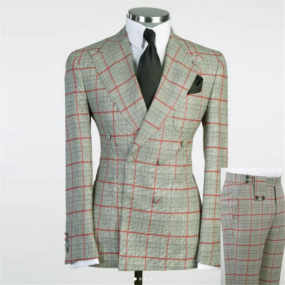 Classic Business Suits Men Houndstooth Plaid Check Double Breasted Blazers Customized Groom Wedding Tuxedos 2 Pieces Jacket Pant