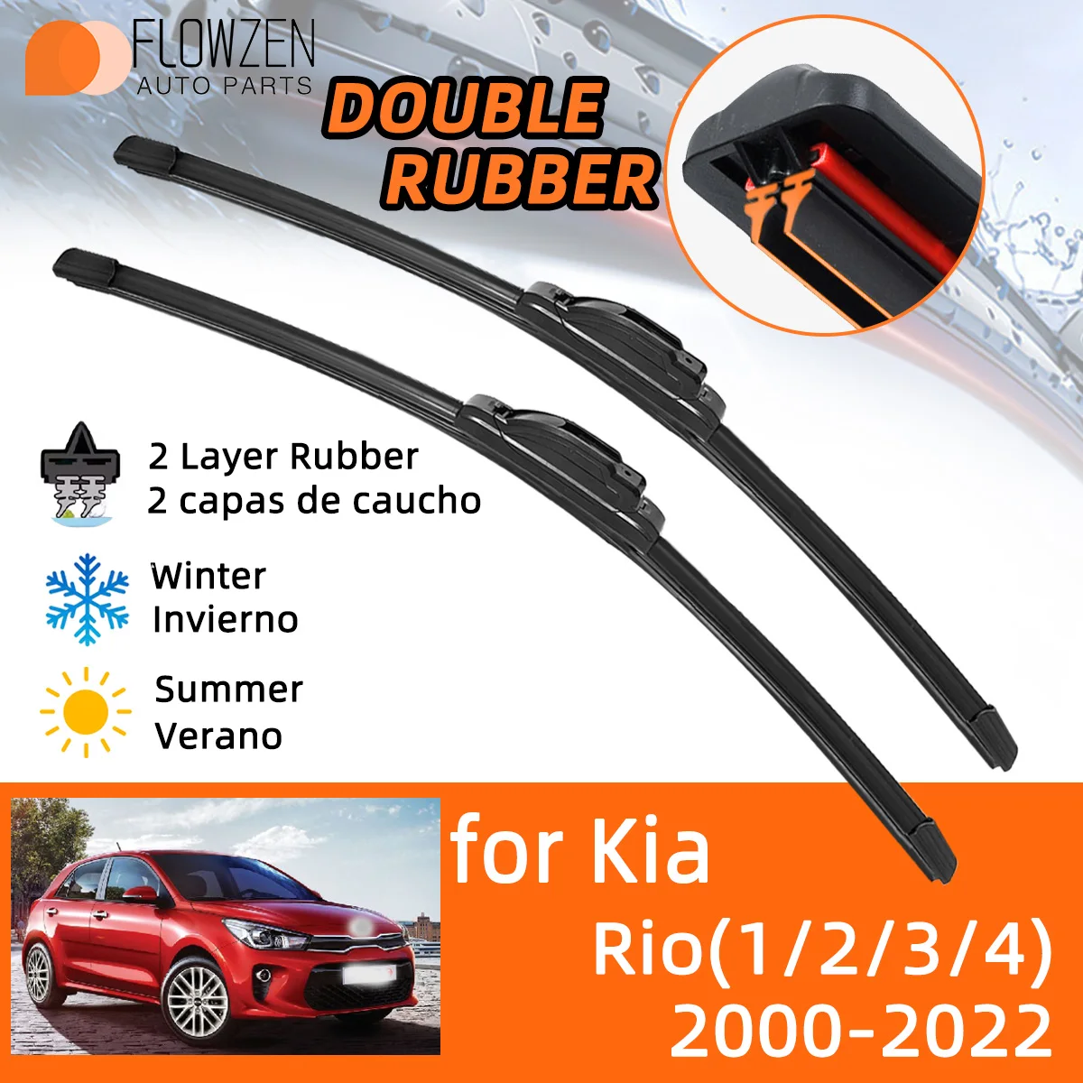 Car Wiper Blades for KIA Rio 1 2 3 4 DC JB KB UB 2000-2022 Double Rubber Winter Windscreen Wiper Summer Wear J Hook Accessories