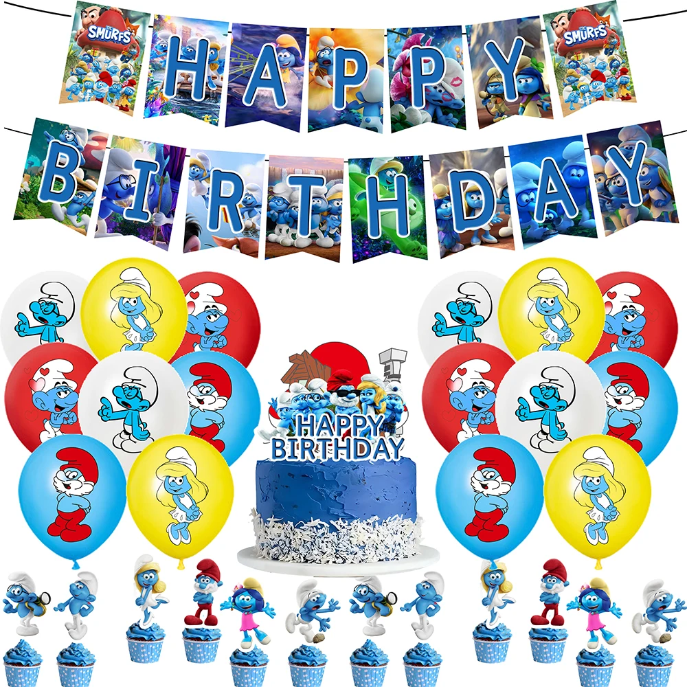 De Smurfes Verjaardagsfeestje Decoratie Ballon Banner Achtergrond Cake Topper Smurf Verjaardagsfeestje Benodigdheden Baby Shower