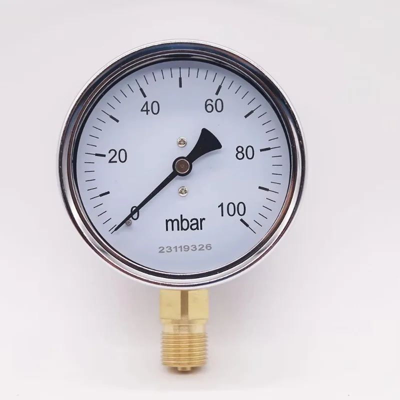 100mm Dial G1/2 Low Pressure Gas Gauge 0-1000mbar Multi-Range Mbar Pressure Meter for Industrial HVAC Gas Pressure Measurement