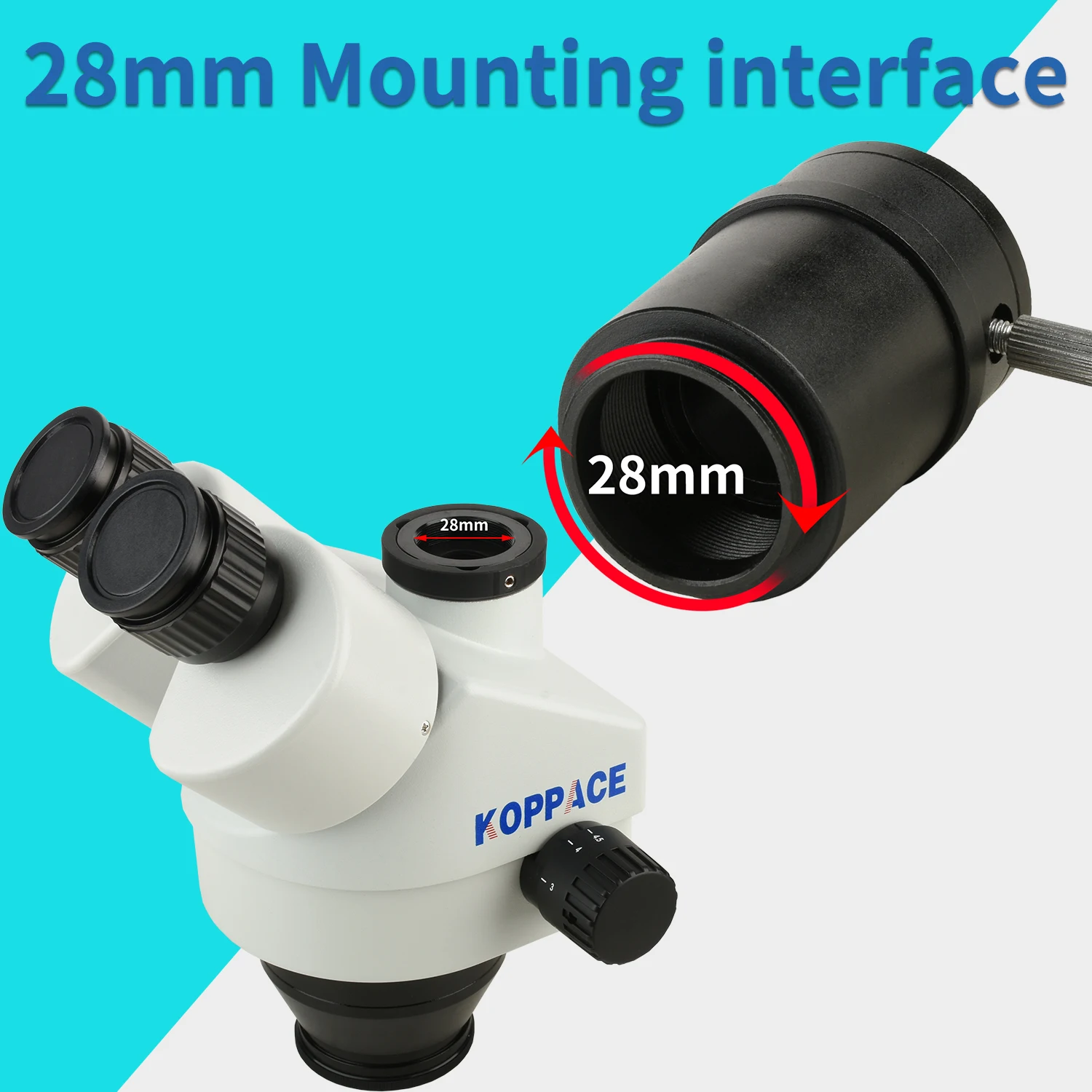 KOPPACE 1X Interfaz de microscopio Longitud focal ajustable 28 mm Interfaz de montaje de microscopio