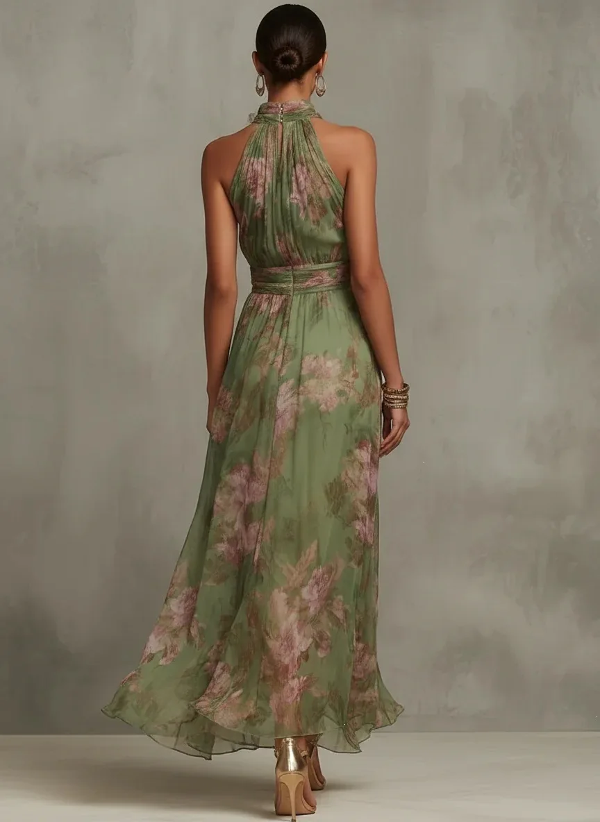 Vintage Maxikleid aus Chiffon mit Neckholder, ärmellos, rückenfrei, hoher Taille, Schlitz, fließend, mit floralem Aquarellmuster für Abend und Hochzeit – Detail 5