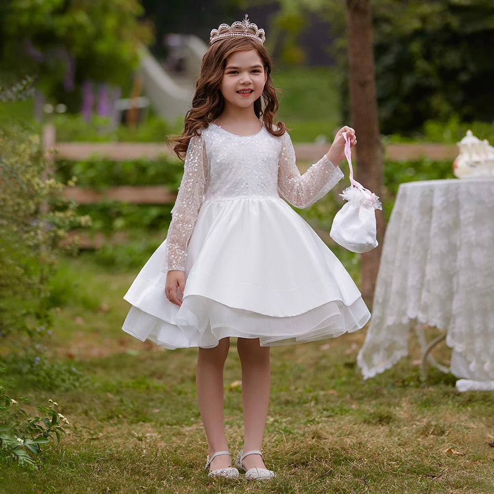 Fashion Sequins White Wedding Girls Party Dress Formal Bow Birthday Princess Dress for Girl Tutu Bridesmaid Evening Kids Clothes