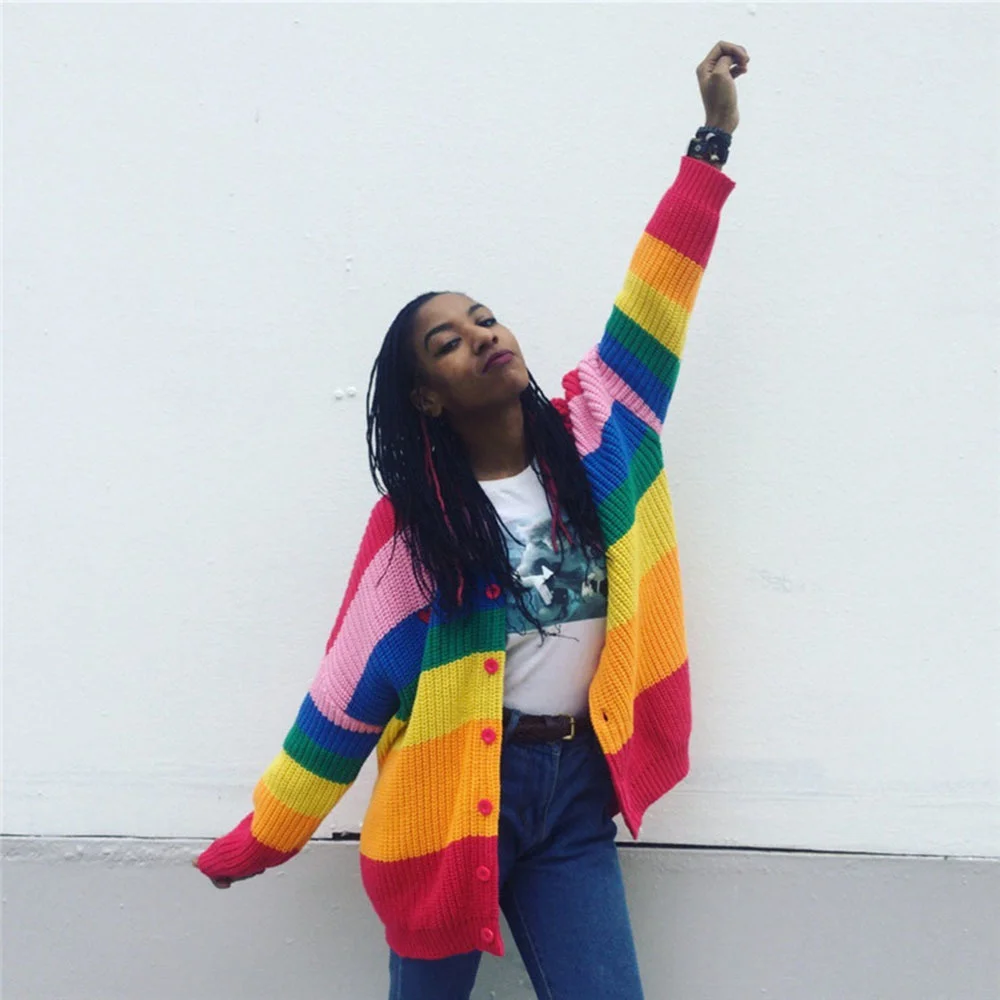 Autumn Spring Harajuku Knit Cardigan Women Striped Rainbow Sweater Coat Female Loose Sweaters Letter Embroidery Jumper Cardigans