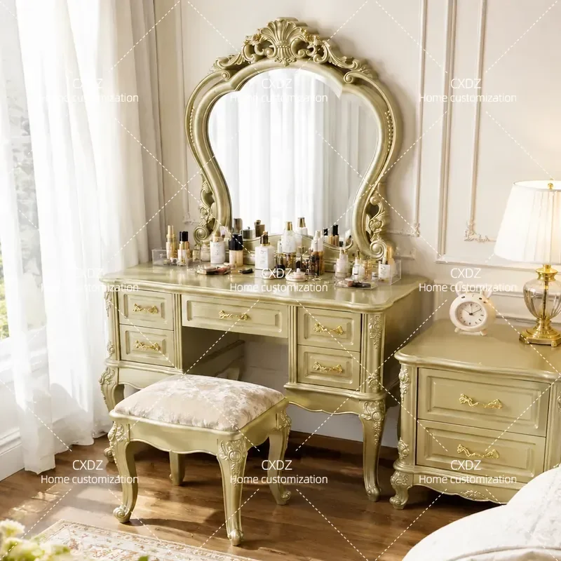 European Style Bedroom Makeup Table Multi-functional Princess Dressing Table with Storage Cabinet Integrated Design for Small