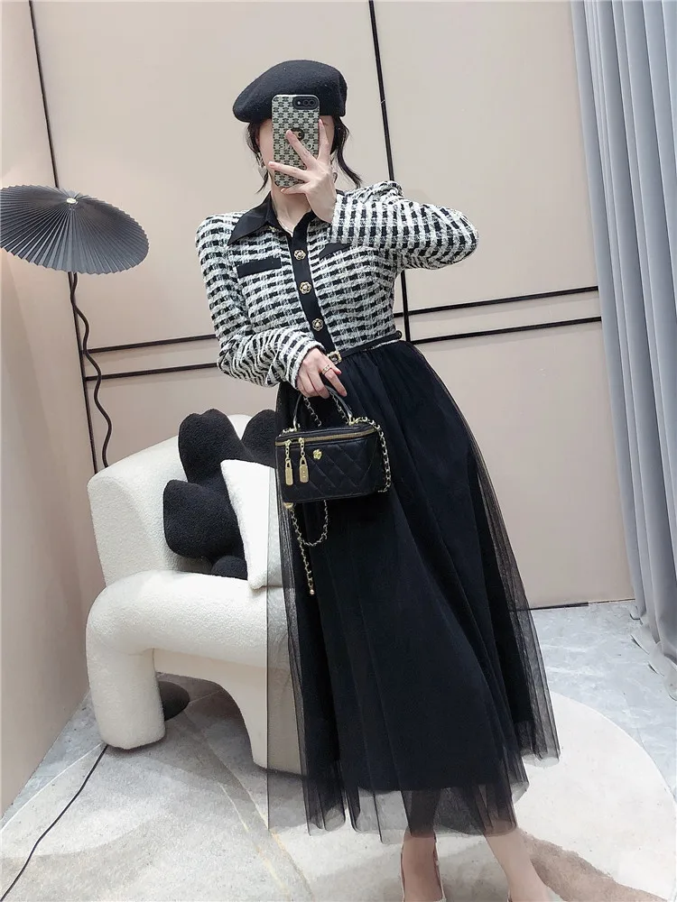 Autumn Women Mid-length Elegant Tweed Mesh Patchwork Fake Two Dress Temperament Plaid Shirt Collar Belt Long Dress Robes