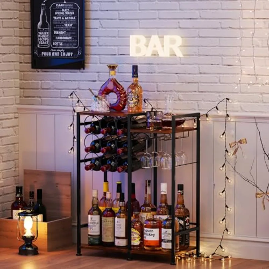 

Напольная подставка для алкоголя на 9 бутылок для домашнего бара, универсальная винная полка с держателями для бокалов и ограждениями, модель Mini B