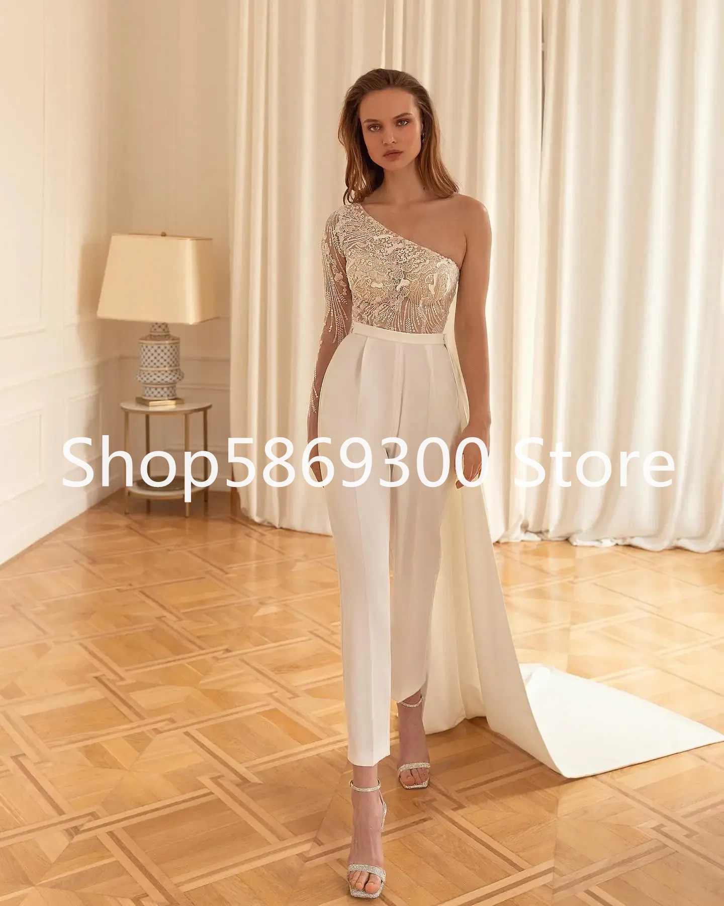 

One Shoulder Jumpsuits Wedding Dress Customized Long Sleeve Beading Top Appliqued beach Bridal Gowns Outfit vestido de novia