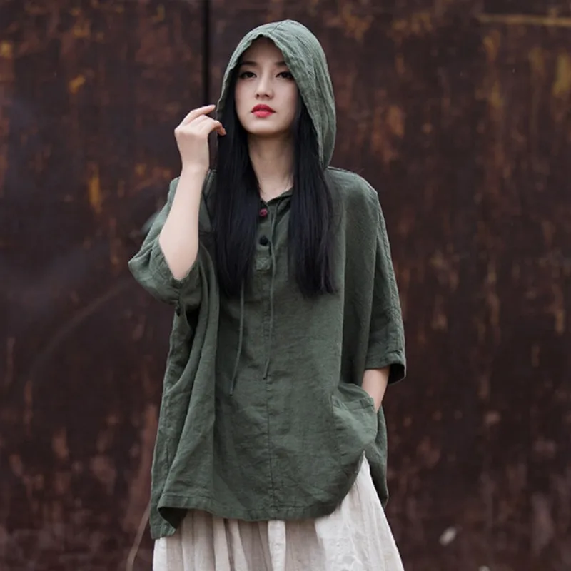 

Yasuk Summer Casual Shirts Pullover Women's Loose Tees Gentle Heart Sport Cotton Linen Hooded Tea Coat Solid Chinese Style Retro