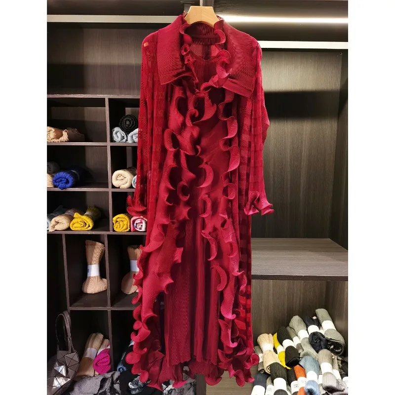 

Комплект плиссированной одежды Miyake: платье и кардиган без рукавов с деревянными пуговицами, средней длины, с плиссировкой, весна 2026, новинка для женщин