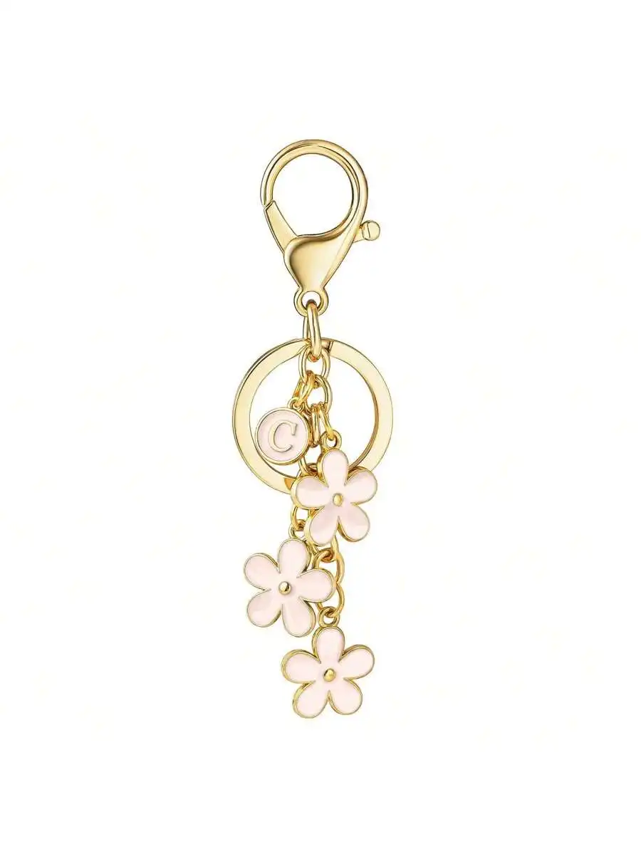 1PC Stylish And Cute Initial Keychain Alloy Dripping White/Pink/Black Flower Charms For Key Cute Letter Keyring Women Students