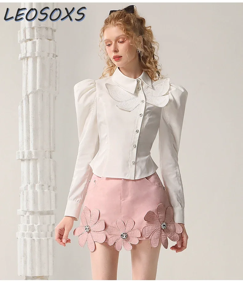 

LEOSOXS Sweet Skirts 2024 Early Autumn Three-dimensional Nail Diamond Flower Pink Girlish Denim Skirt Vintage Women Clothing