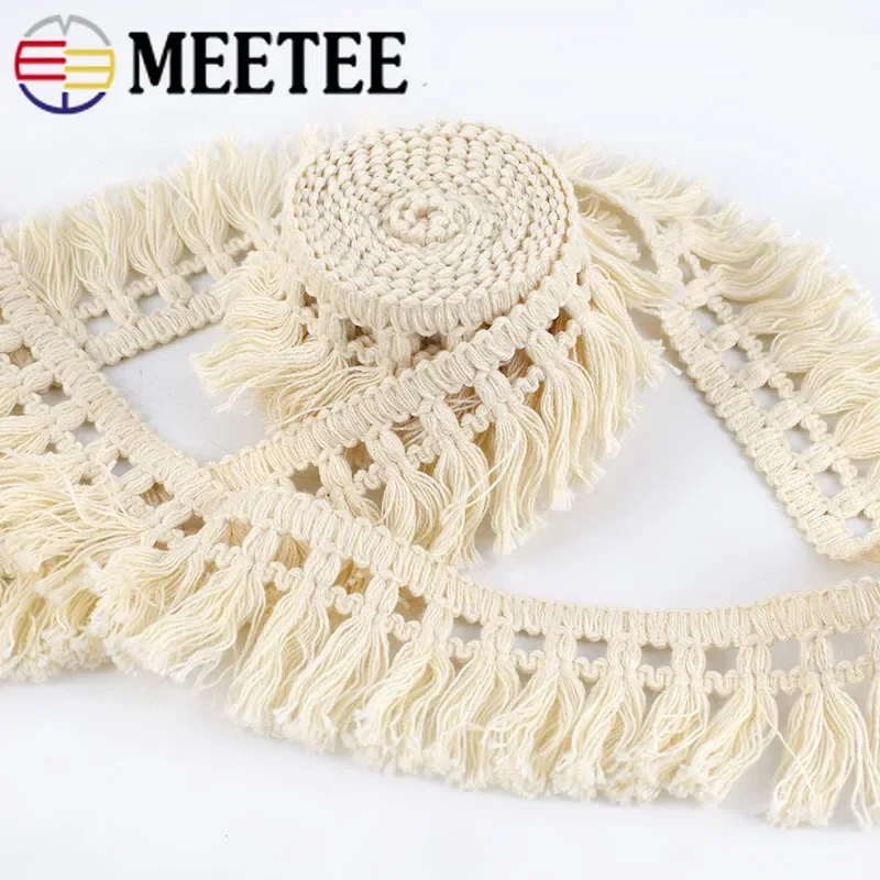 8Meters 45mm Wide Beige Cotton Fringe Lace Trim Fabric Tassel Ribbon DIY Sewing Curtain Laces Home Decor Garment Craft Material