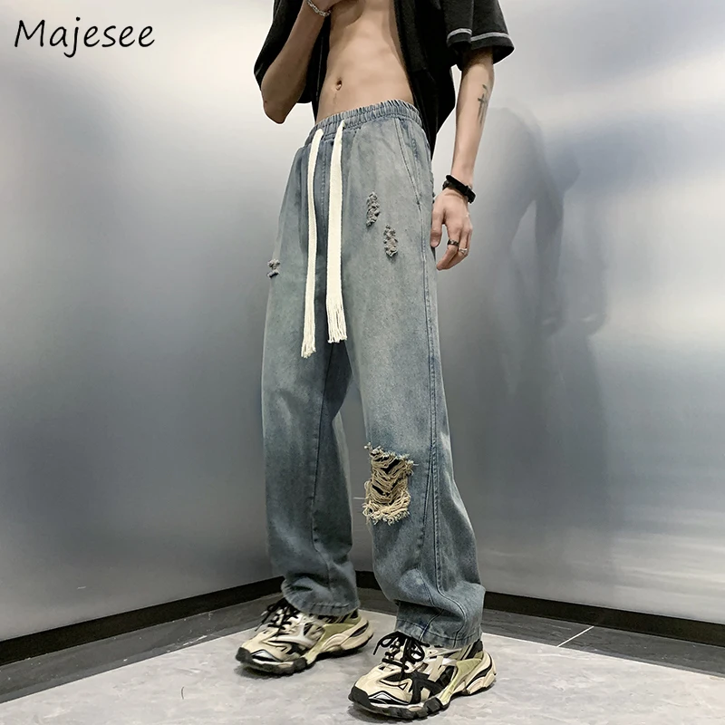 

Drawstring Ripped Jeans Men American Streetwear Fashion Teens Gothic Cool Handsome Wide Leg Denim Trouser Hip Hop Vaqueros Chic