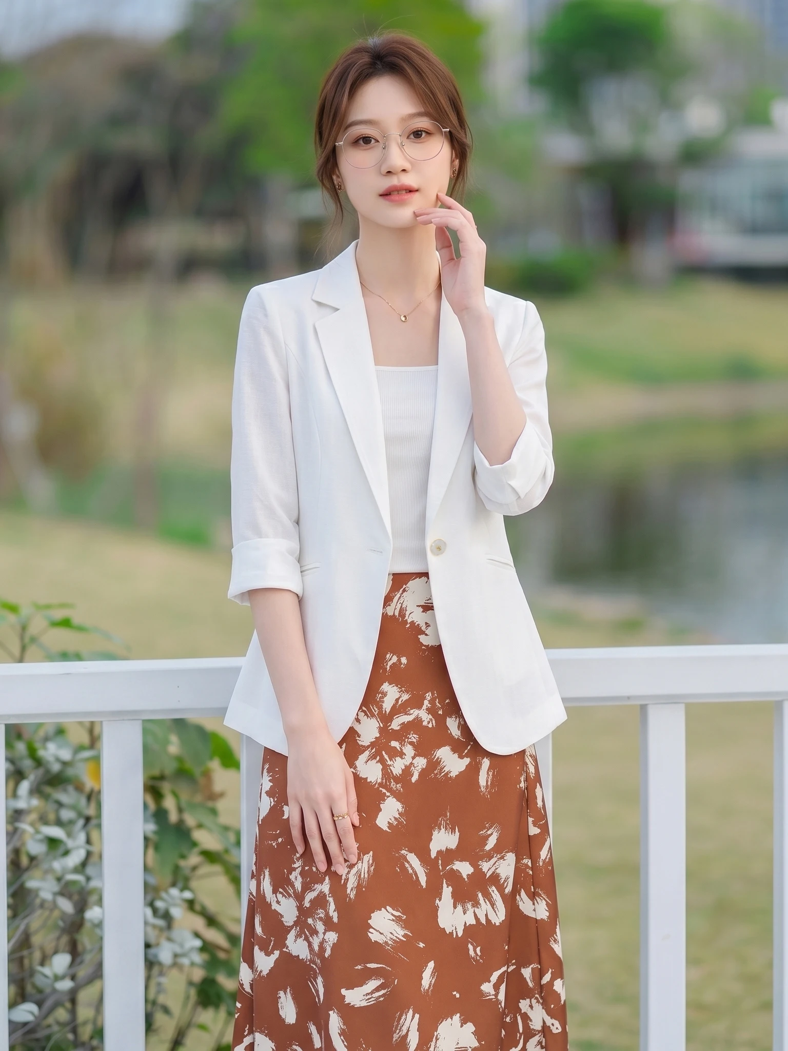 White Slim Fit Seven Sleeve Suit Jacket for Women Commute Style High Quality Polyester Blend Anti Wrinkle round Hemline Button