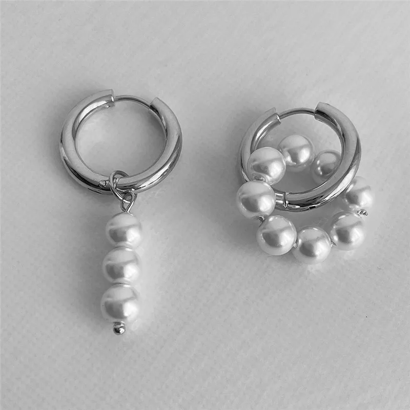 Exquisite Tassel Asymmetric Pearl Hanging Earrings Double Circle Hoop Earrings For Women Girls Wedding Party Jewelry Gift e299