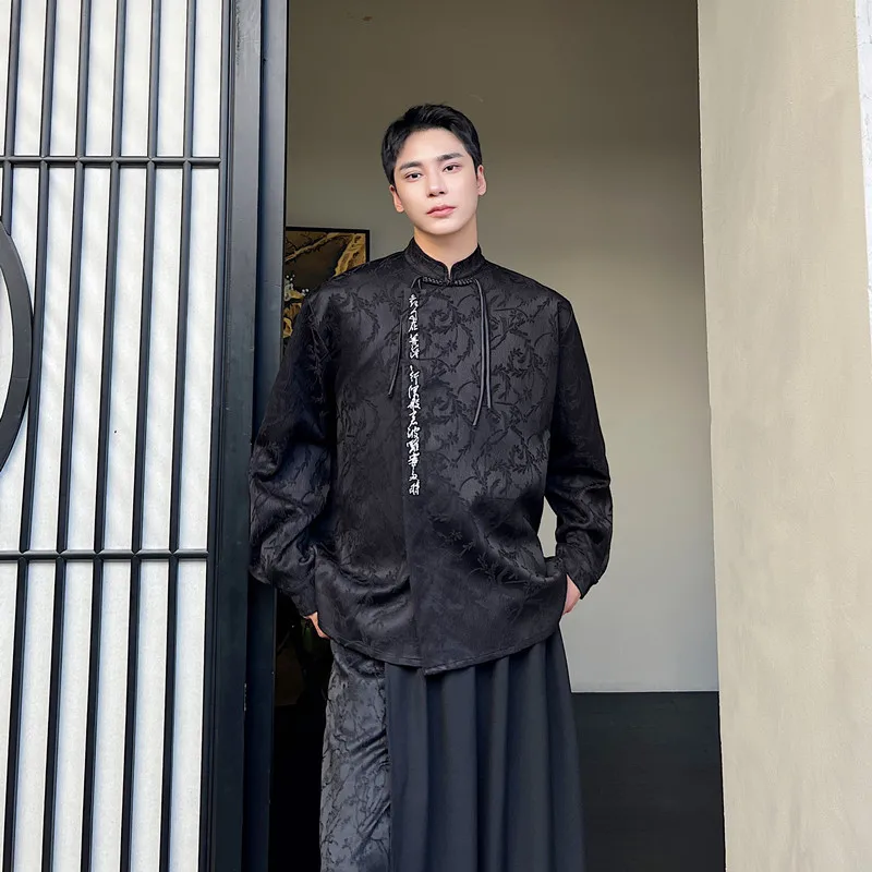 

Ретро-рубашка с китайской вышивкой, мужская, с длинным рукавом, темным узором, воротником-стойкой, повседневная, модная, молодежная, популярная, свободного кроя, на все сезоны