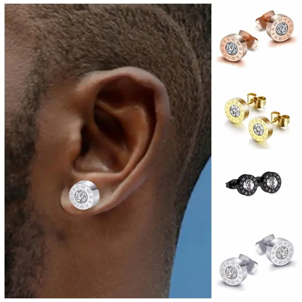 Micro Inlay Rhinestone Roman Numerals Stud Earring Earrings Hip Hop Men Zircon Earrings Korean Style Stainless Steel