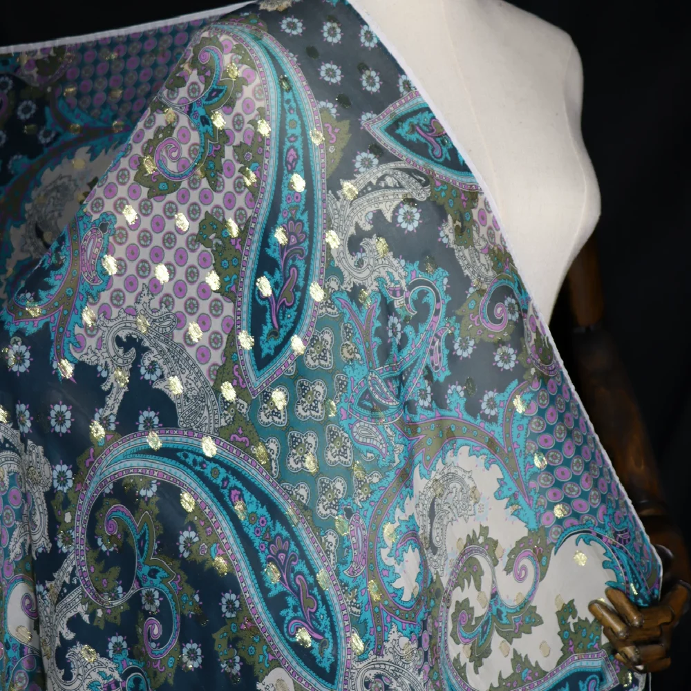 Classic Paisley Printed Shiny Gold Dots Jacquard Lurex Silk Metallic Fabirc for Breathable Girl Summer Dress Shawl Saree