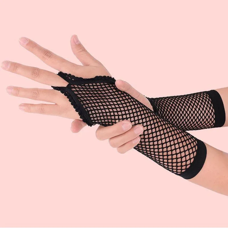 Sexy Black Elastic Half Finger Hollow Fishnet Gloves Female Long Sunscreen Sleeve Cosplay Stage Performance Fingerless Mittens