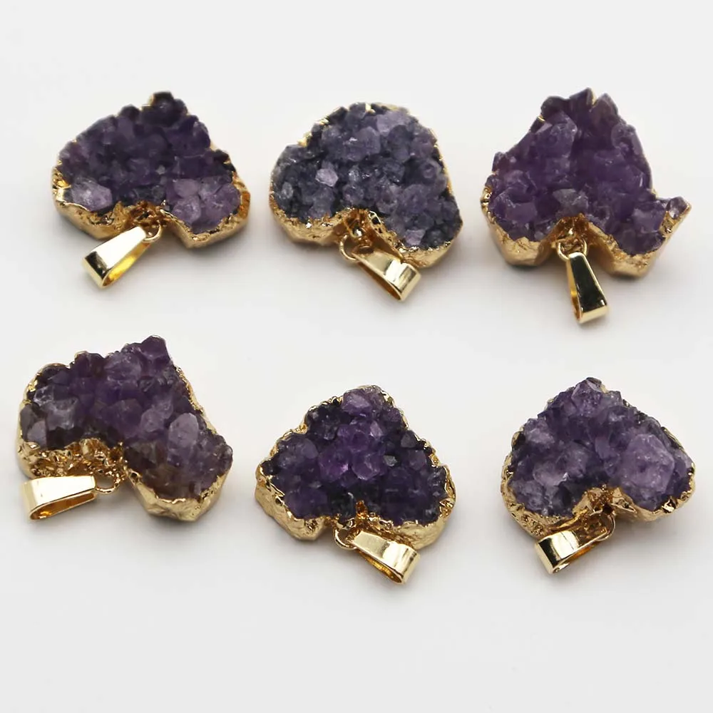 Natural Amethyst Love Heart Pendants Bag Phnom Penh Heart-shaped Quartz Mineral Necklaces Simple DIY Gift Jewelry 5Pcs/Wholesale