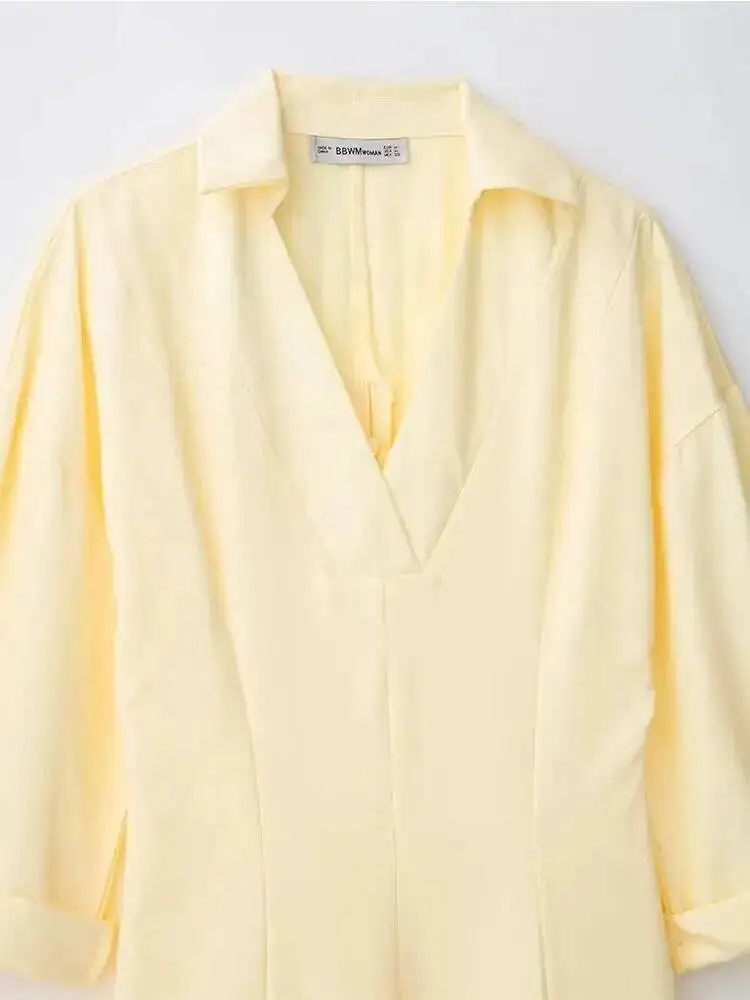 Women Summer Shirts Dress Fashion Casual V-Neck 3/4 Sleeve Solid Female Elegant Street MIDI Dresses Clothing