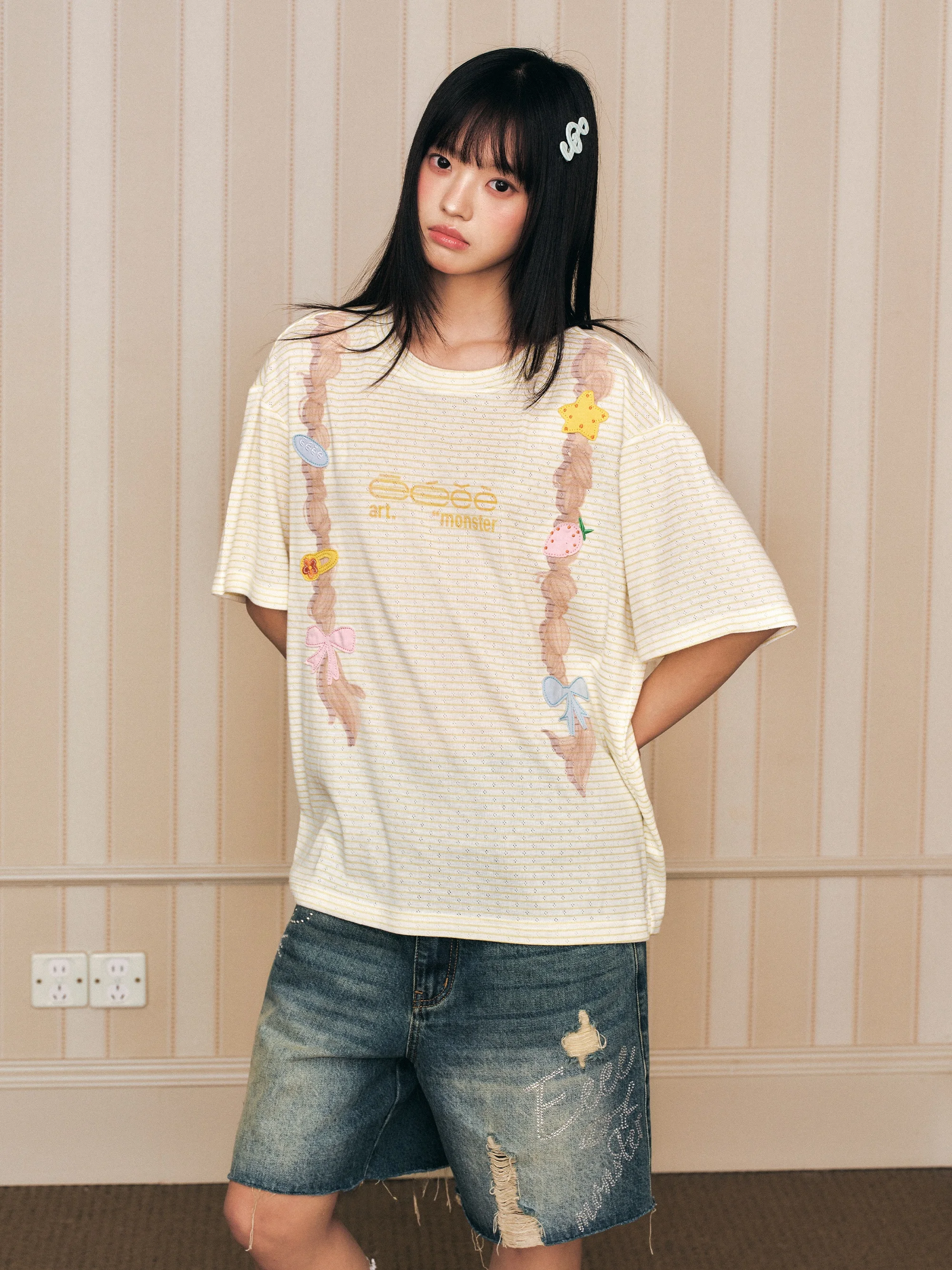 Breathable Short Sleeve Striped T-Shirt Fun Patchwork Design Girl's Style Eeee Art Monster Polyester Viscose Blend Summer Top