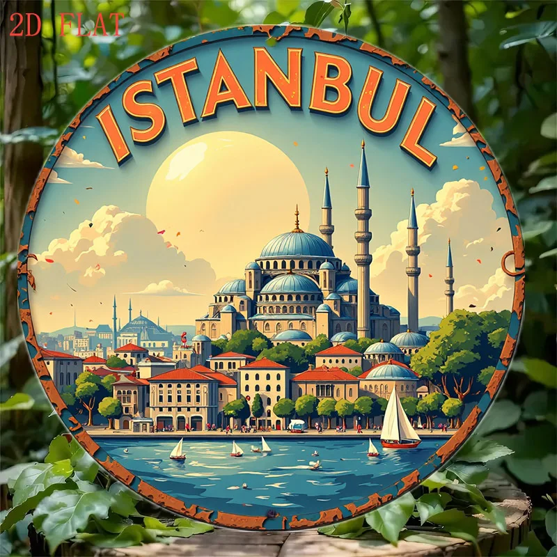 لوحة فنية جدارية مسطحة ثنائية الأبعاد، قطعة واحدة من اسطنبول سيتي سكيب - لافتة ألومنيوم مستديرة مقاس 8 بوصات مع تصميم قصر سعيا وصوفيا توبكابي، ألوان نابضة بالحياة #4