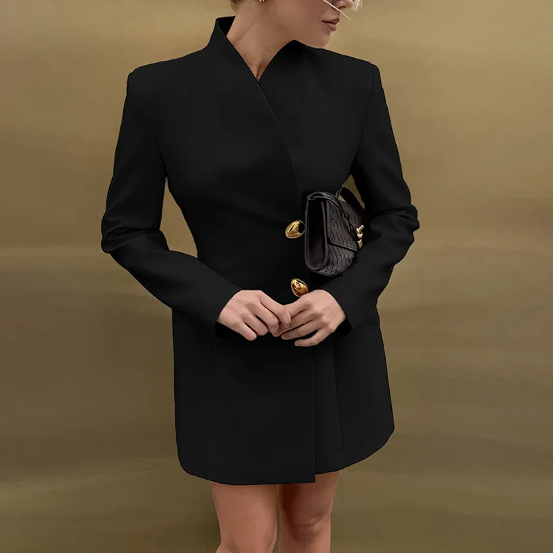 Ticketsx Fashion V-Neck Button Mini Dress Women Solid Pocket Patchwork High Waist Slim Dress Elegant Streetwear Commute Vestidos